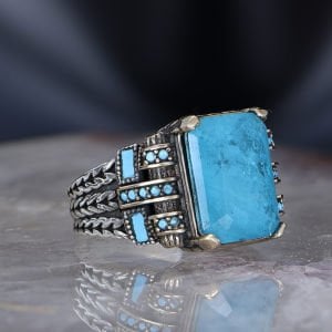 Zincir Serisi 925 Ayar Blue Topaz Erkek Gümüş Yüzük