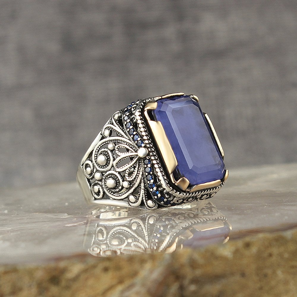 Paraiba Taşlı 925 Ayar Gümüş Erkek Yüzük