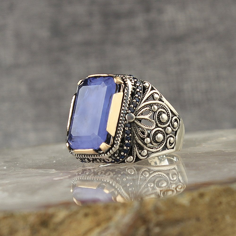 Paraiba Taşlı 925 Ayar Gümüş Erkek Yüzük