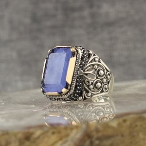 Paraiba Taşlı 925 Ayar Gümüş Erkek Yüzük