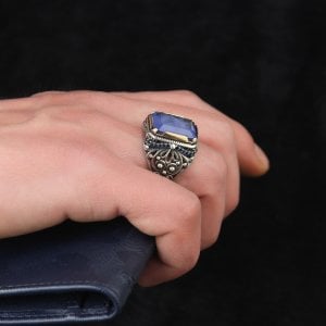 Paraiba Taşlı 925 Ayar Gümüş Erkek Yüzük