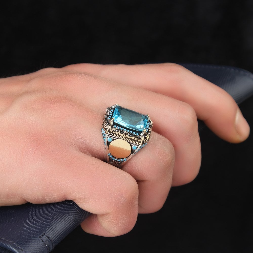 Mavi Topaz Taşlı 925 Ayar Gümüş Erkek Yüzük