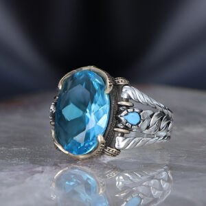 Zincir Serisi 925 Ayar Blue Topaz Taşlı Erkek Gümüş Yüzük