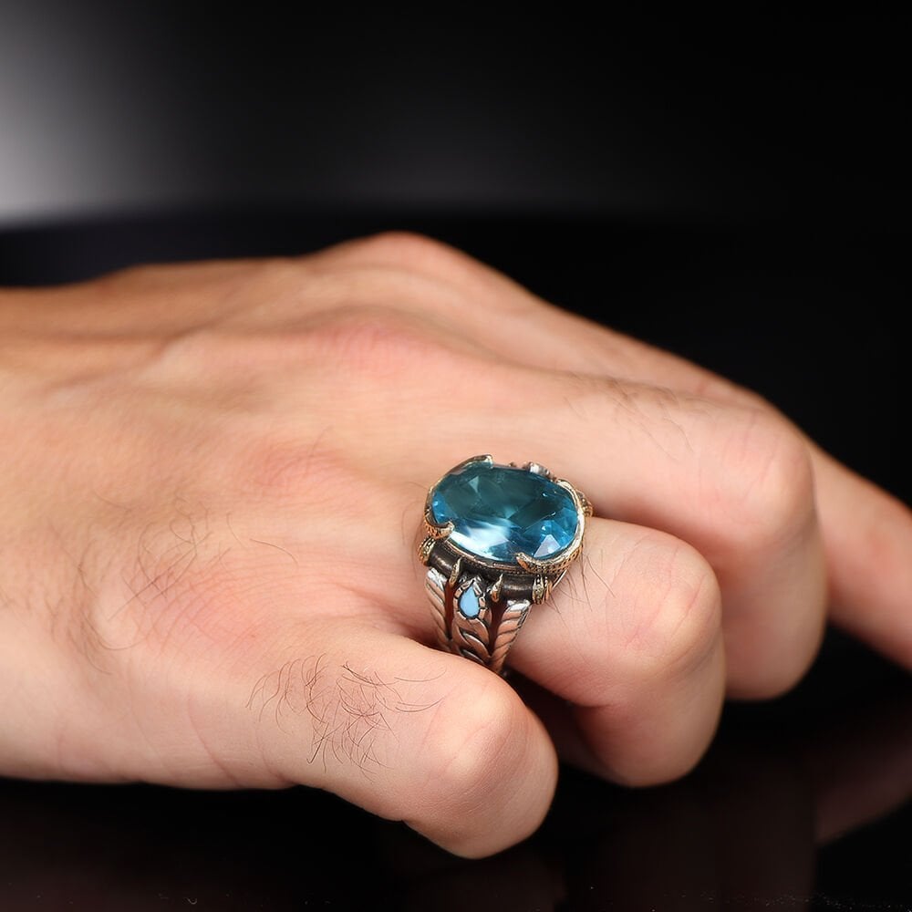 Zincir Serisi 925 Ayar Blue Topaz Taşlı Erkek Gümüş Yüzük