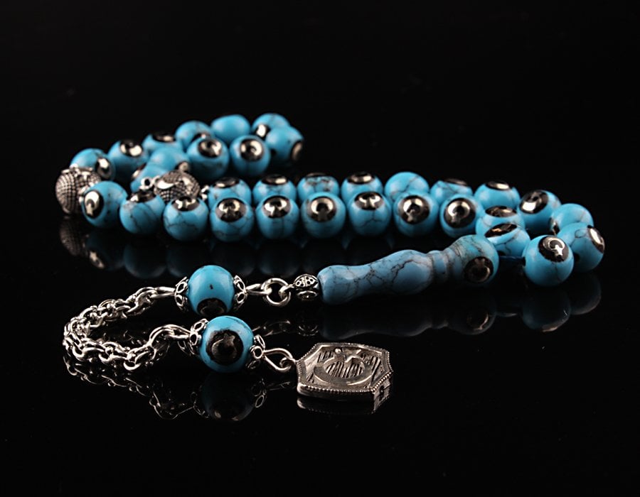 Gümüş Püsküllü Ayyıldız İşleme Firuze Taşı Tesbih