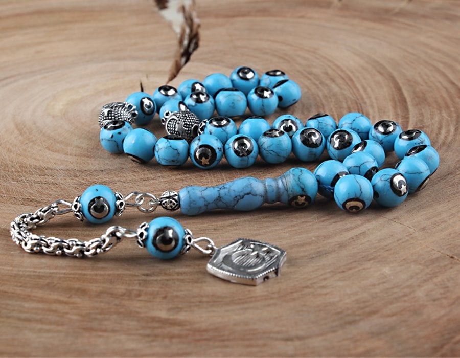 Gümüş Püsküllü Ayyıldız İşleme Firuze Taşı Tesbih