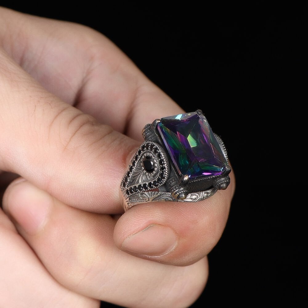 Mistik Topaz Taşlı 925 Ayar Erkek Gümüş Yüzük