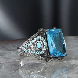 Blue topaz Taşlı 925 Ayar Erkek Gümüş Yüzük
