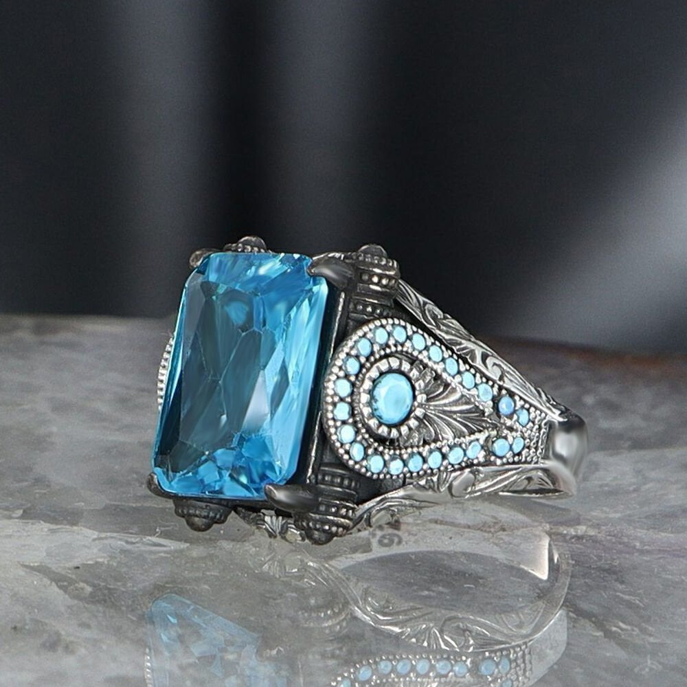Blue topaz Taşlı 925 Ayar Erkek Gümüş Yüzük
