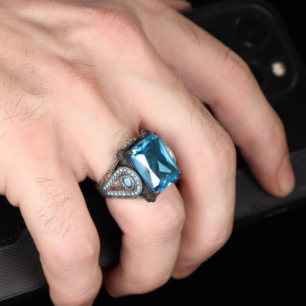 Blue topaz Taşlı 925 Ayar Erkek Gümüş Yüzük