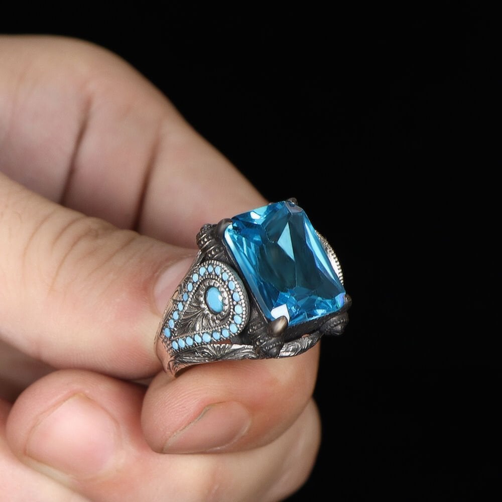 Blue topaz Taşlı 925 Ayar Erkek Gümüş Yüzük