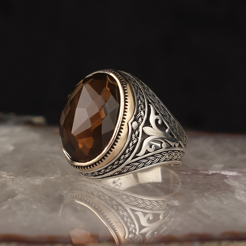 Smoky Quartz Taşlı 925 Ayar Gümüş Erkek Yüzük