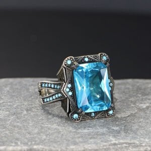 Blue Topaz Taşlı 925 Ayar Erkek Gümüş Yüzük
