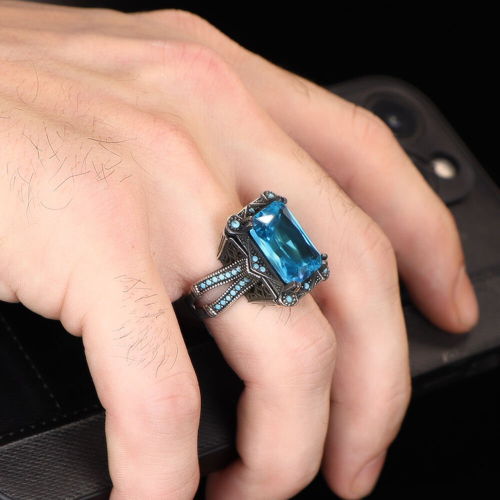Blue Topaz Taşlı 925 Ayar Erkek Gümüş Yüzük
