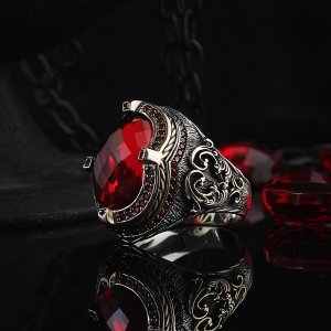 Kırmızı Zirkon Taşlı 925 Ayar Gümüş Erkek Yüzük