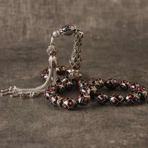 Gümüş Püsküllü  Erzurum Oltu Taşı Tesbih