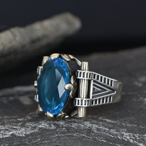 Blue Topaz Taşlı 925 Ayar Erkek Gümüş Yüzük