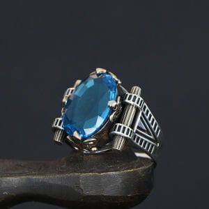 Blue Topaz Taşlı 925 Ayar Erkek Gümüş Yüzük