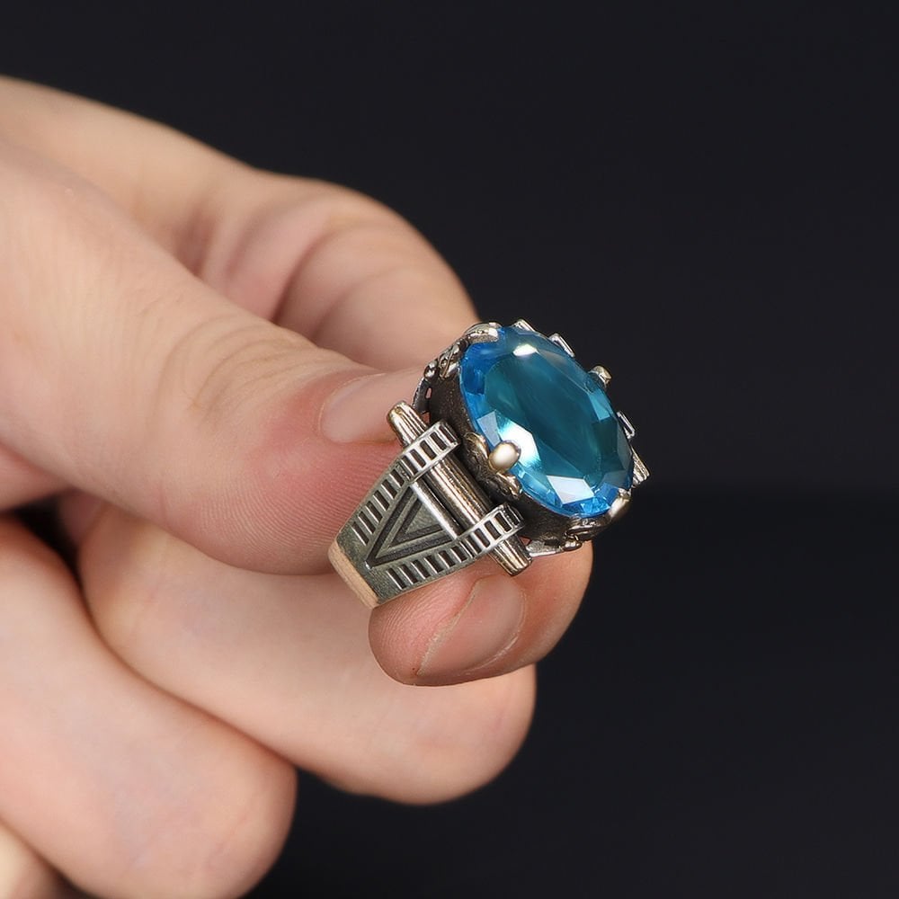 Blue Topaz Taşlı 925 Ayar Erkek Gümüş Yüzük