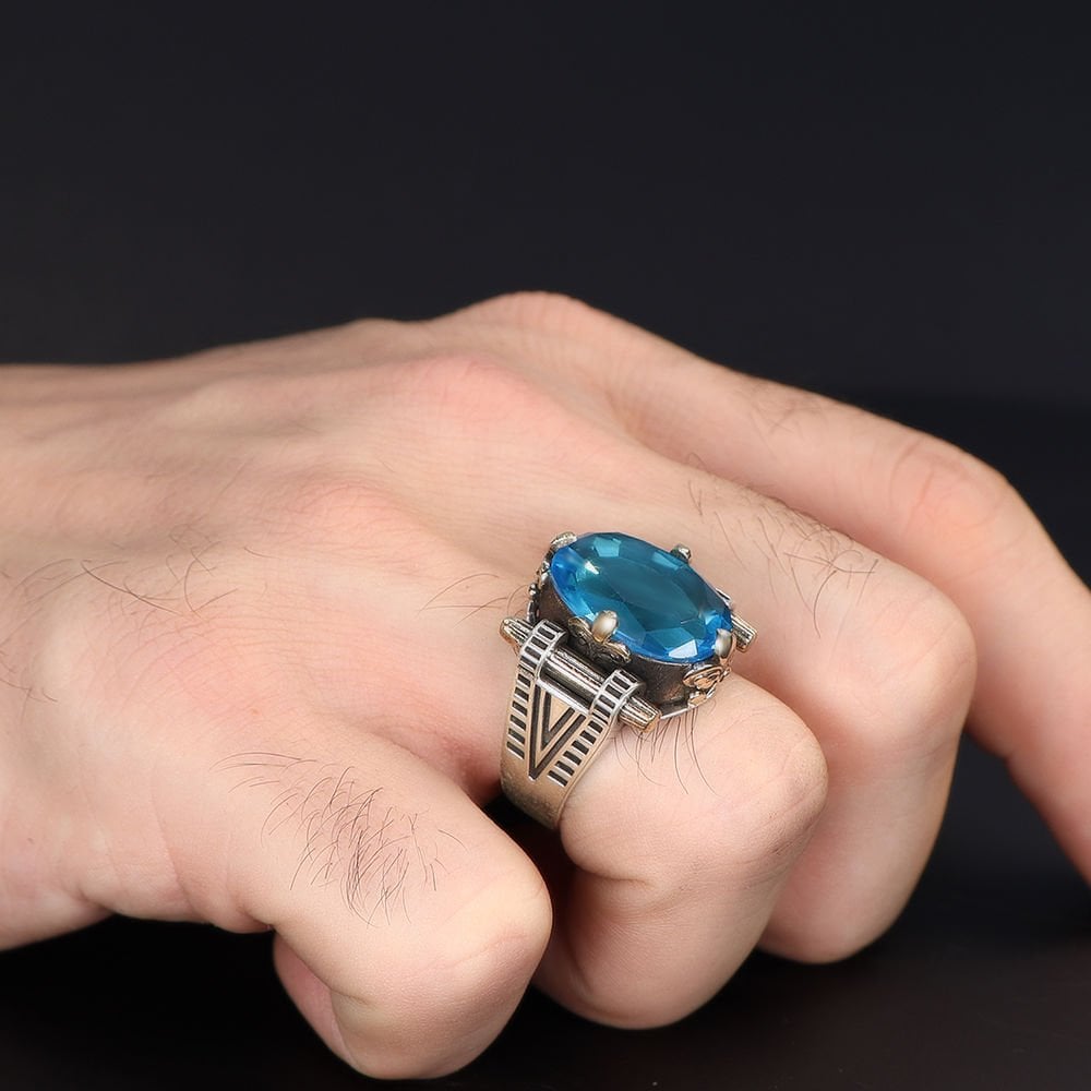 Blue Topaz Taşlı 925 Ayar Erkek Gümüş Yüzük