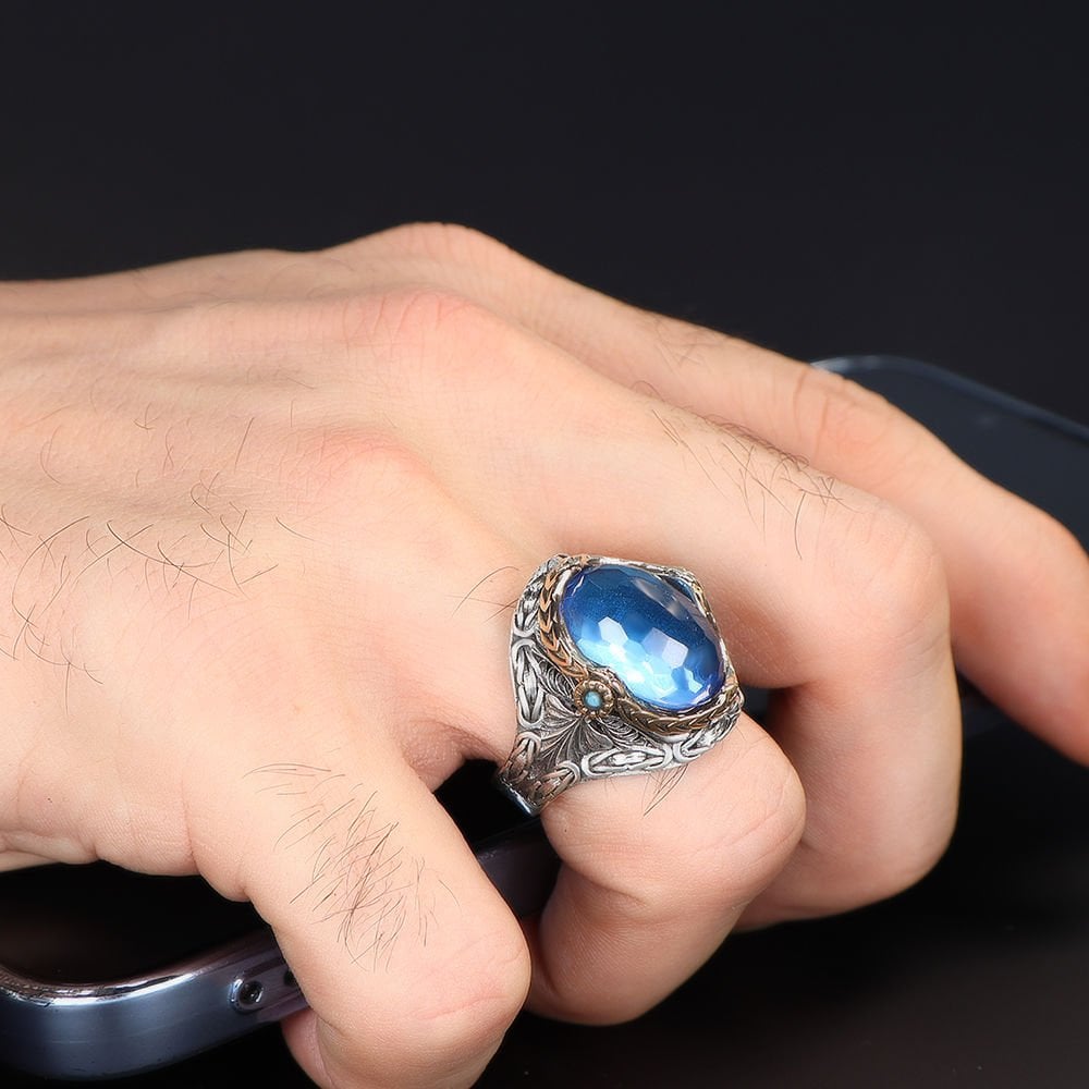 Kral Zincir Model Blue Topaz Taşlı  925 Ayar Erkek Gümüş Yüzük