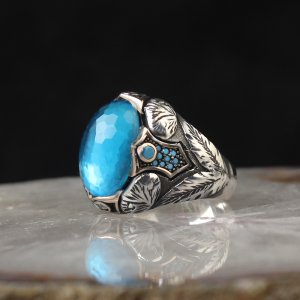 Blue Topaz Taşlı 925 Ayar Gümüş Erkek Yüzük