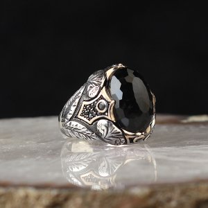 Kristal Kesim Zirkon Taşlı 925 Ayar Gümüş Erkek Yüzük