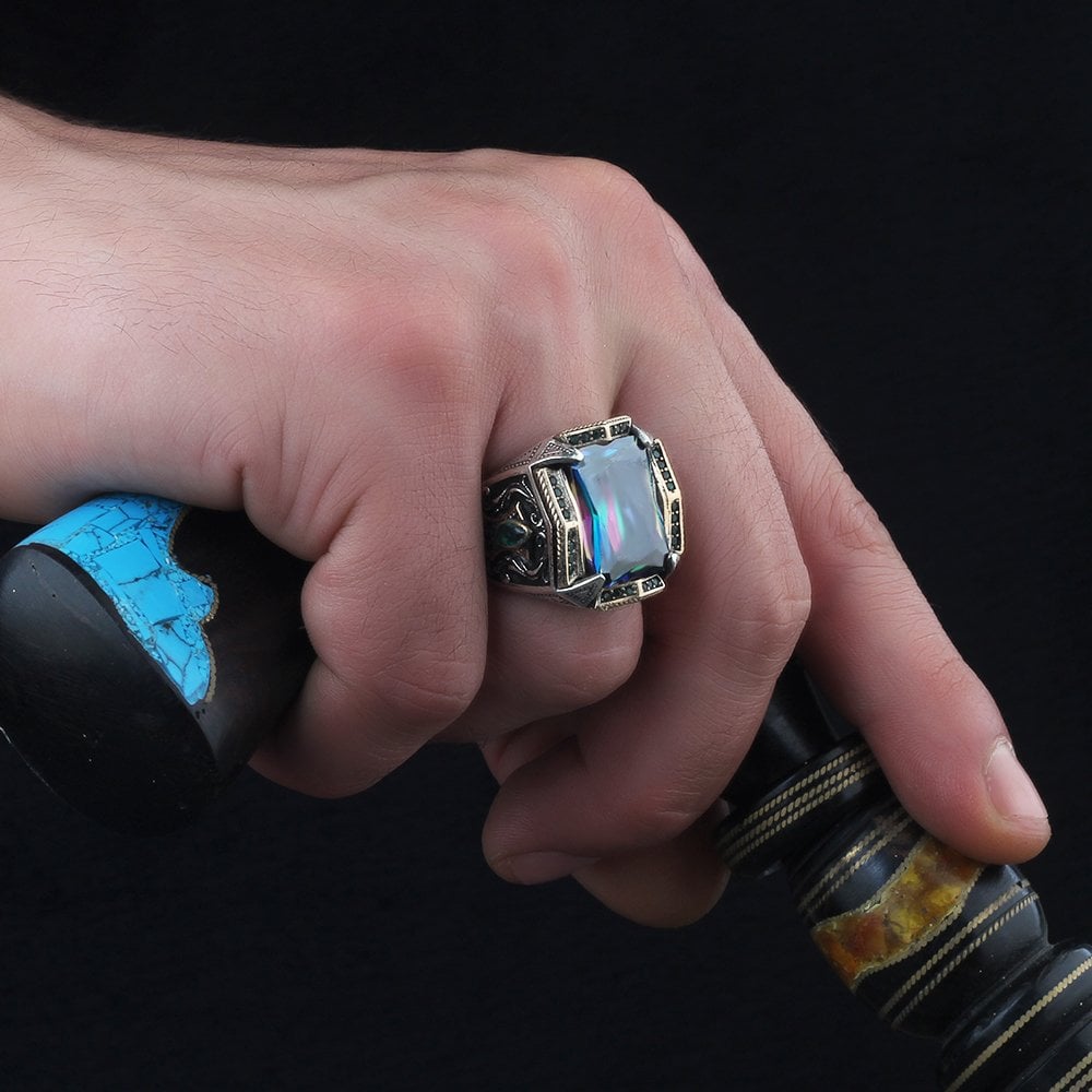 Mistik Topaz Taşlı 925 Ayar Gümüş Erkek Yüzük