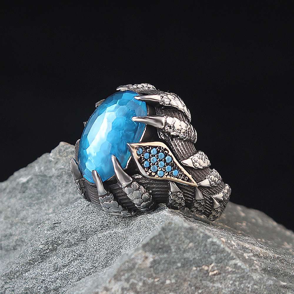 Blue Topaz Taşlı Pençe Model 925 Ayar Gümüş Erkek Yüzük