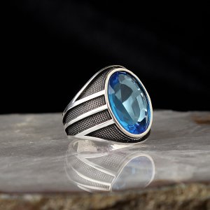 Kristal Kesim Blue Topaz Taşlı 925 Ayar Gümüş Erkek Yüzük