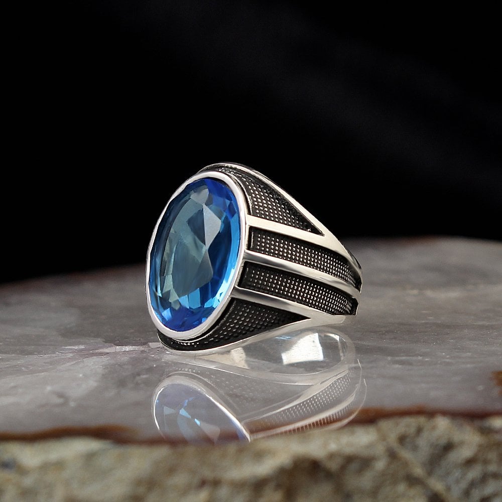 Kristal Kesim Blue Topaz Taşlı 925 Ayar Gümüş Erkek Yüzük