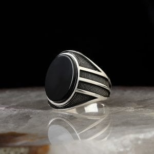 Oval Kesim Oniks Taşlı 925 Ayar Gümüş Erkek Yüzük