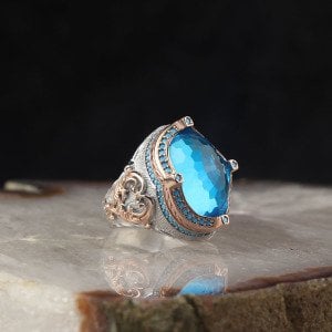 Blue Topaz Taşlı Rodajlı 925 Ayar Gümüş Erkek Yüzük