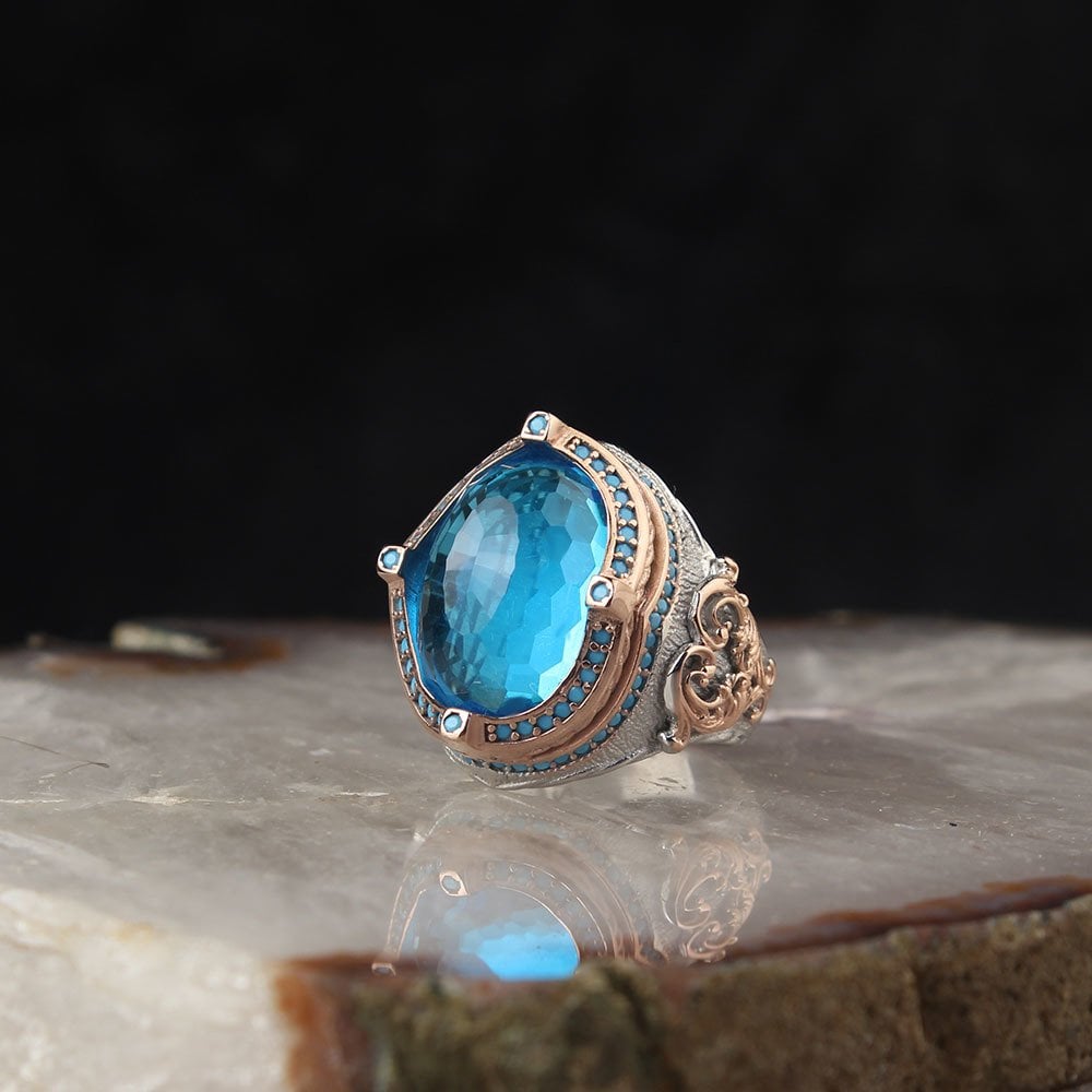 Blue Topaz Taşlı Rodajlı 925 Ayar Gümüş Erkek Yüzük
