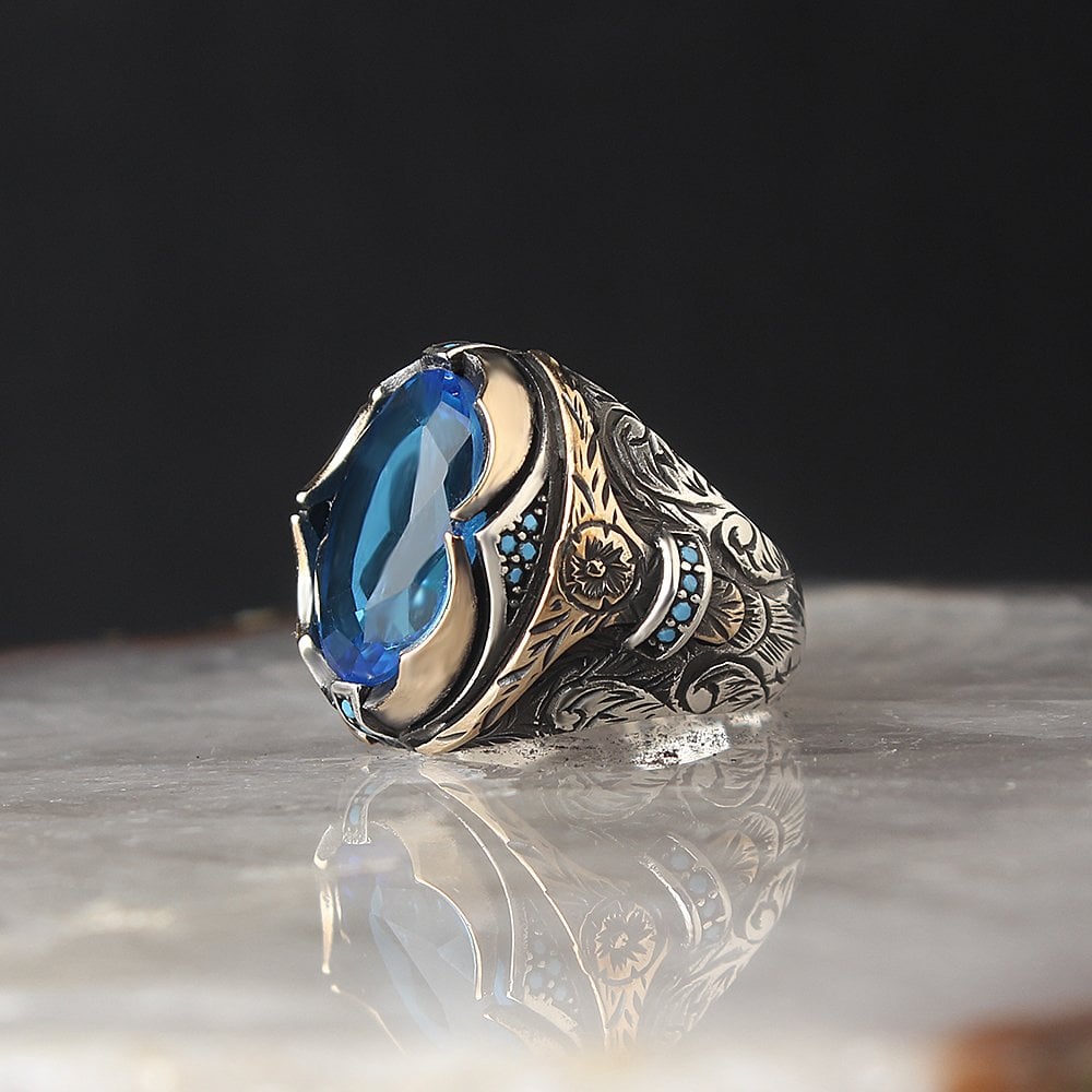 Blue Topaz Taşlı 925 Ayar Gümüş Erkek Yüzük