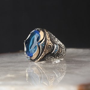 Blue Topaz Taşlı 925 Ayar Gümüş Erkek Yüzük