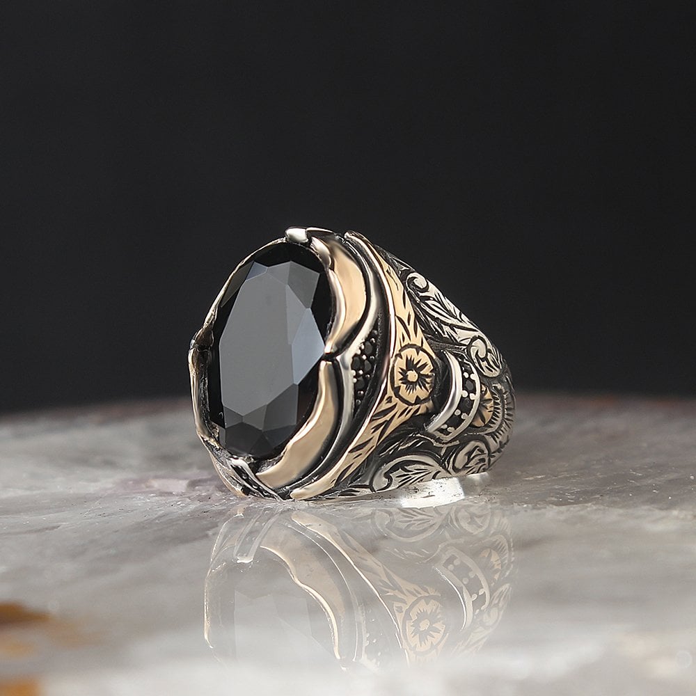 Zirkon Taşlı Kristal Kesim 925 Ayar Gümüş Erkek Yüzük
