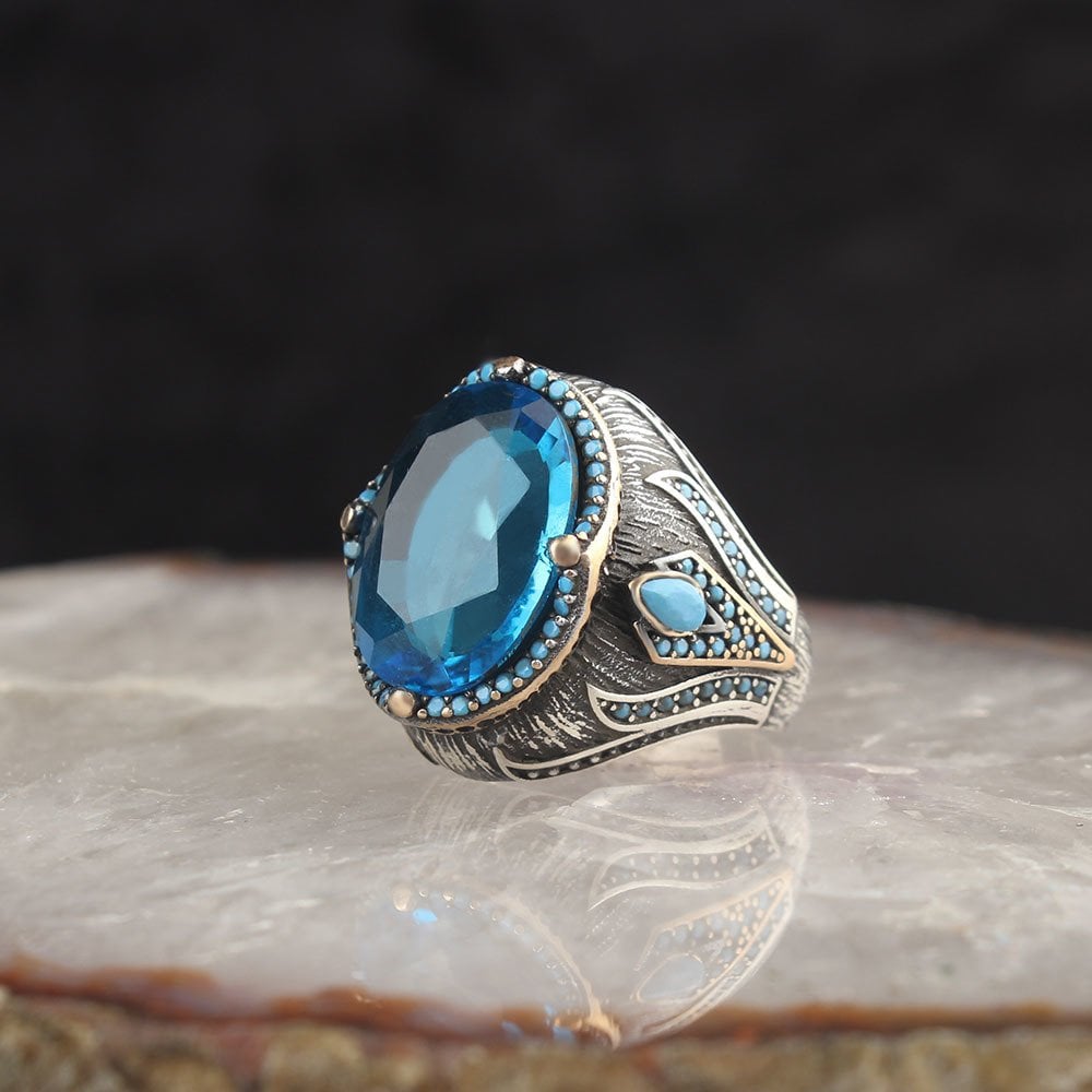 Blue Topaz Taşlı Kristal Kesim 925 Ayar Gümüş Erkek Yüzük