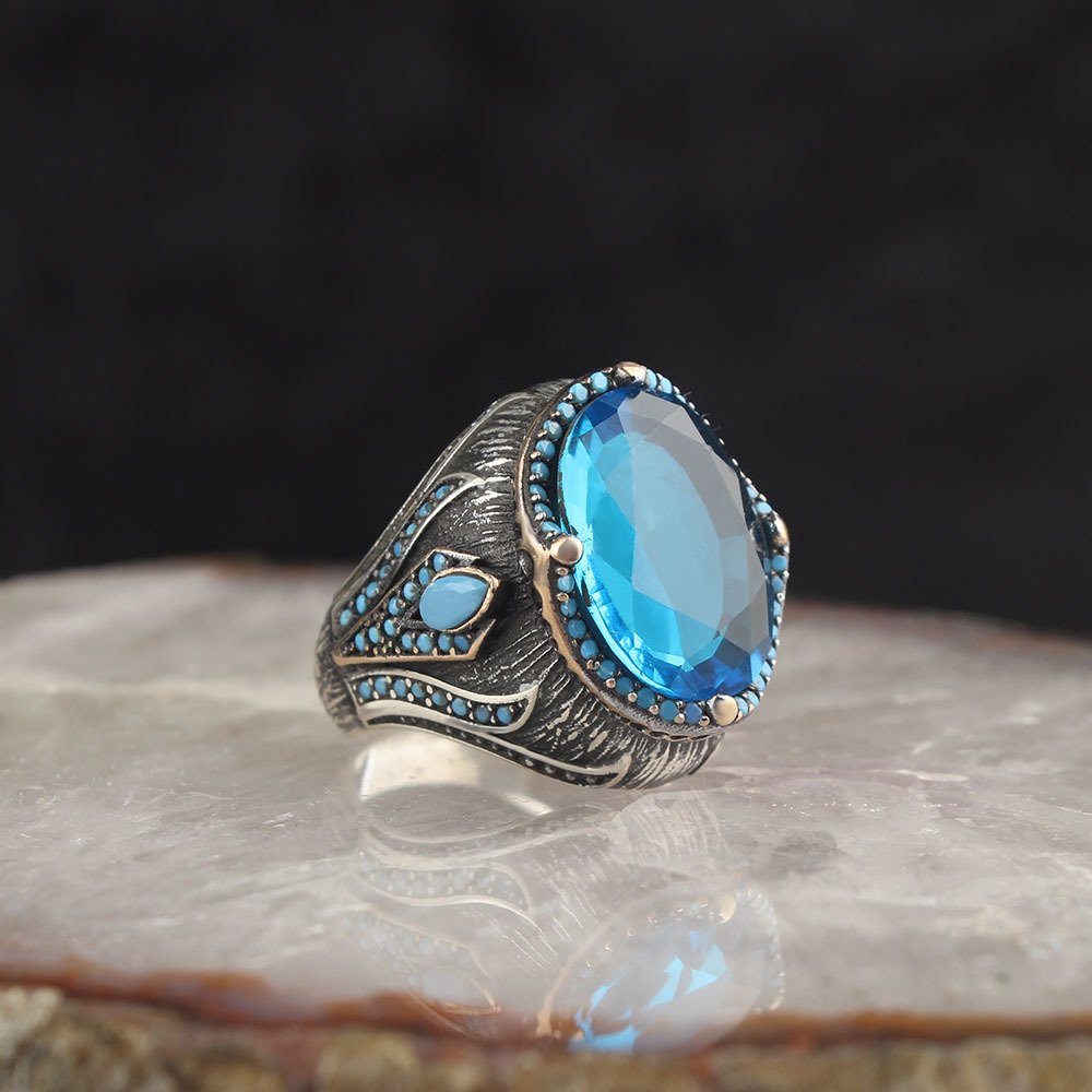 Blue Topaz Taşlı Kristal Kesim 925 Ayar Gümüş Erkek Yüzük