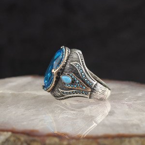 Blue Topaz Taşlı Kristal Kesim 925 Ayar Gümüş Erkek Yüzük