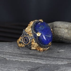 Rodaj Kaplamalı Lapis Lazuli Taşlı 925 Ayar Erkek Gümüş Yüzük