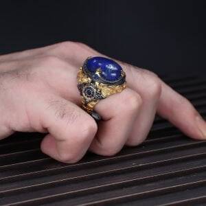 Rodaj Kaplamalı Lapis Lazuli Taşlı 925 Ayar Erkek Gümüş Yüzük