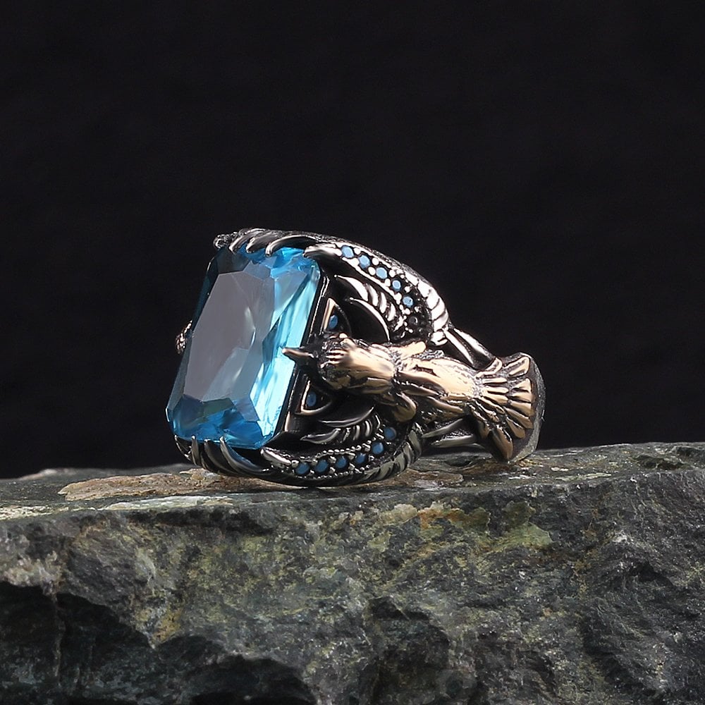 Kartal Tasarım Blue Topaz Taşlı 925 Ayar Gümüş Erkek Yüzük