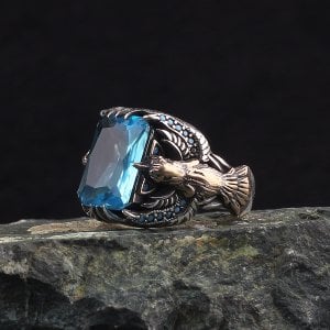 Kartal Tasarım Blue Topaz Taşlı 925 Ayar Gümüş Erkek Yüzük