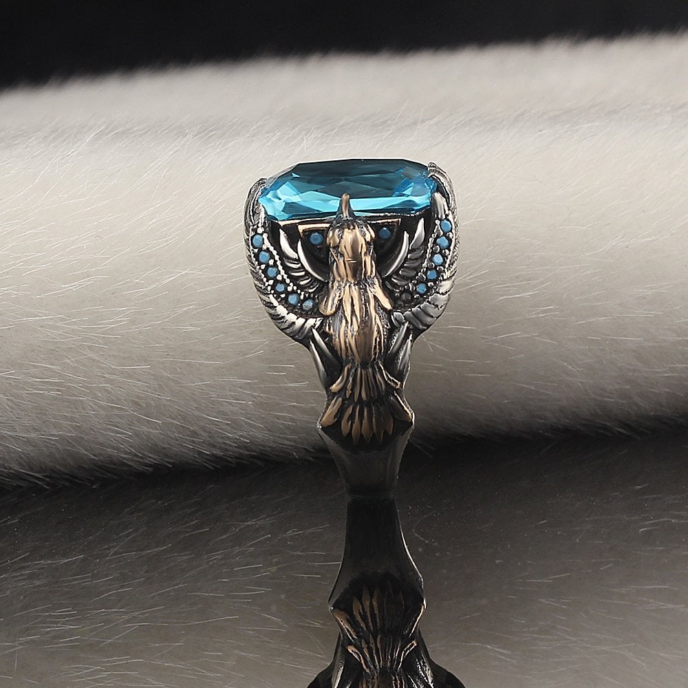 Kartal Tasarım Blue Topaz Taşlı 925 Ayar Gümüş Erkek Yüzük