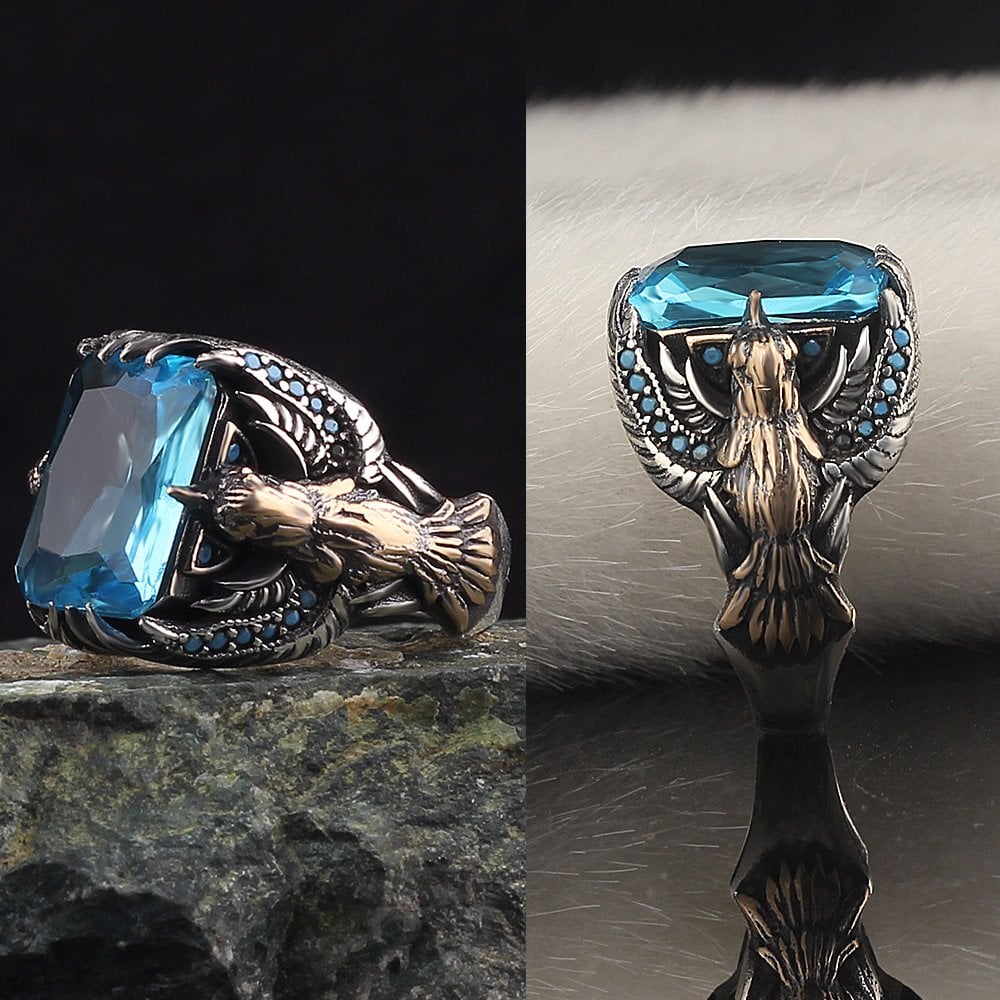 Kartal Tasarım Blue Topaz Taşlı 925 Ayar Gümüş Erkek Yüzük
