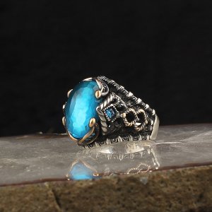 Blue Topaz Taşlı 925 Ayar Gümüş Erkek Yüzük
