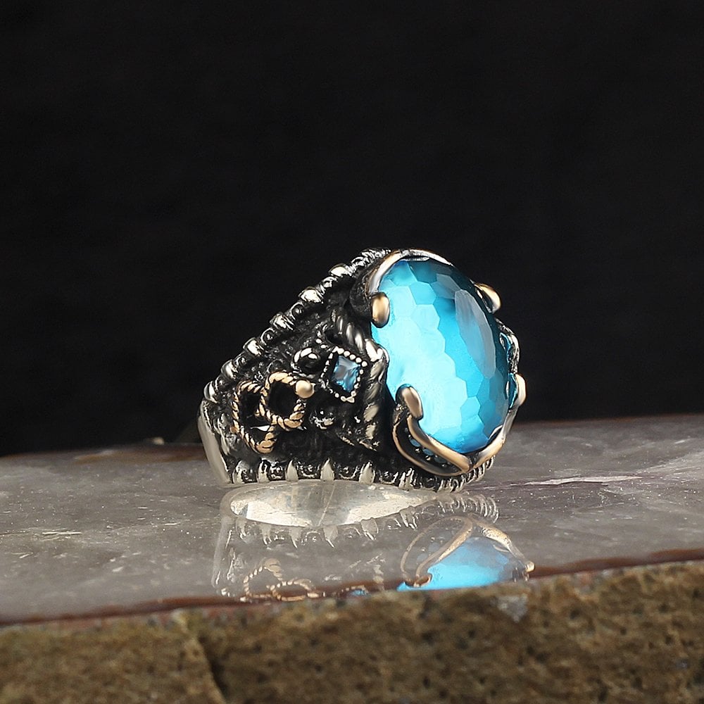 Blue Topaz Taşlı 925 Ayar Gümüş Erkek Yüzük