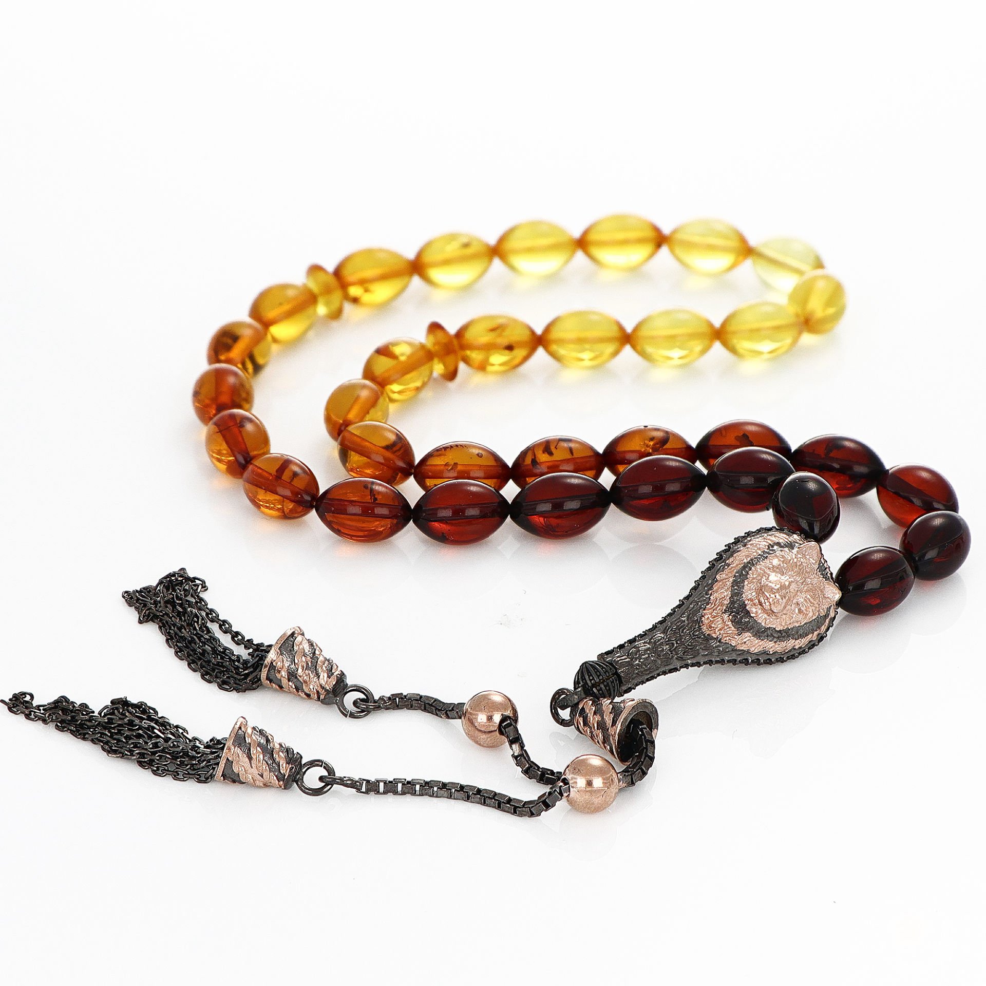 Kurt İmameli Gümüş  Püsküllü Renk Süzmesi Damla Kehribar Tesbih