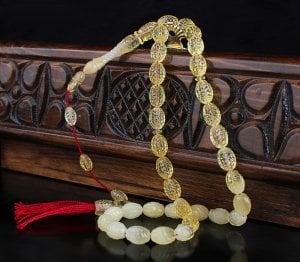 Kalemkar İşçilikli Arpa Kesim Damla Kehribar Tesbih